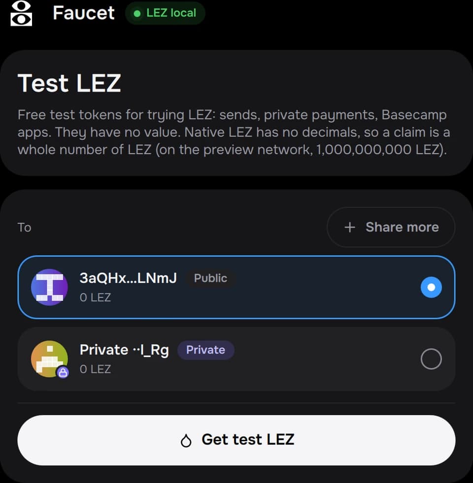 The faucet app: picking a public or private account