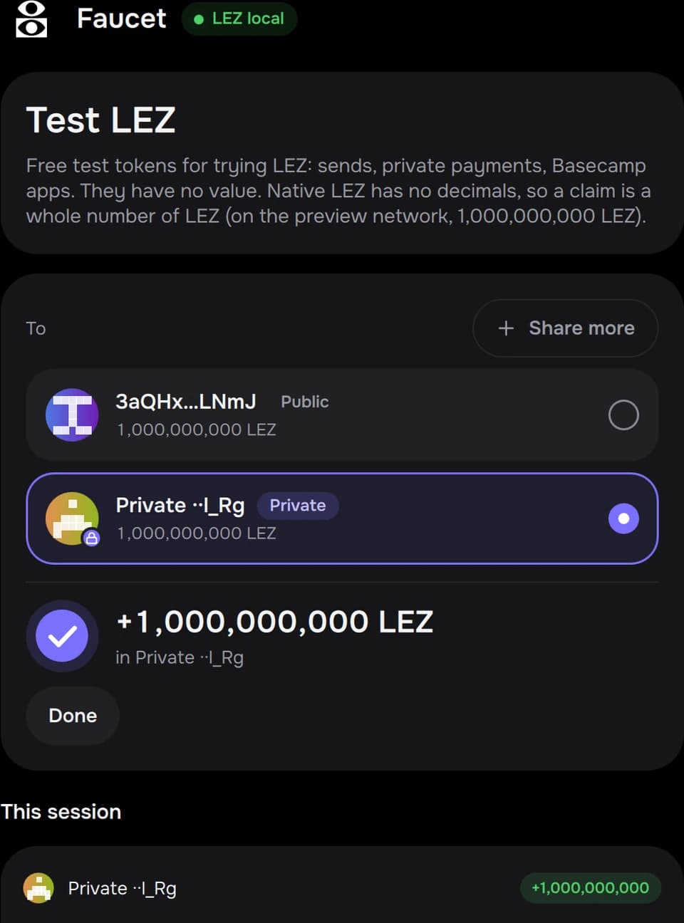 Test funds arrived in a private account