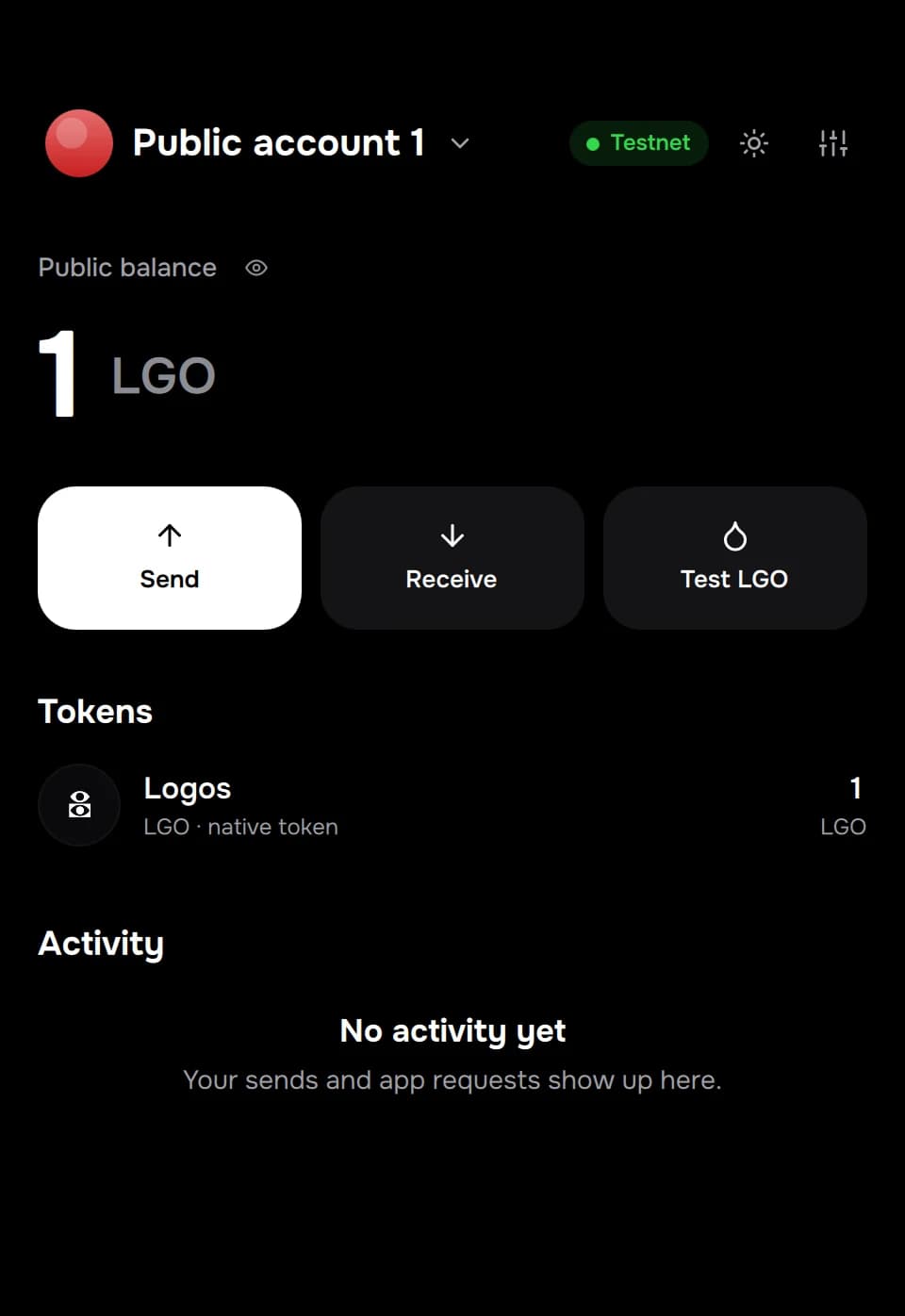 Wallet home: the balance in LGO, Send, Receive and Test LGO, tokens and activity