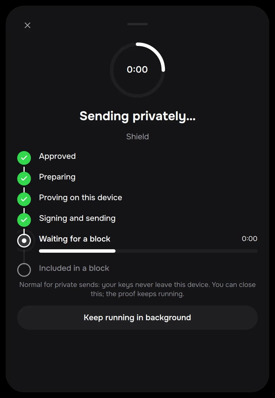Sending privately: the proof runs on this device, step by step