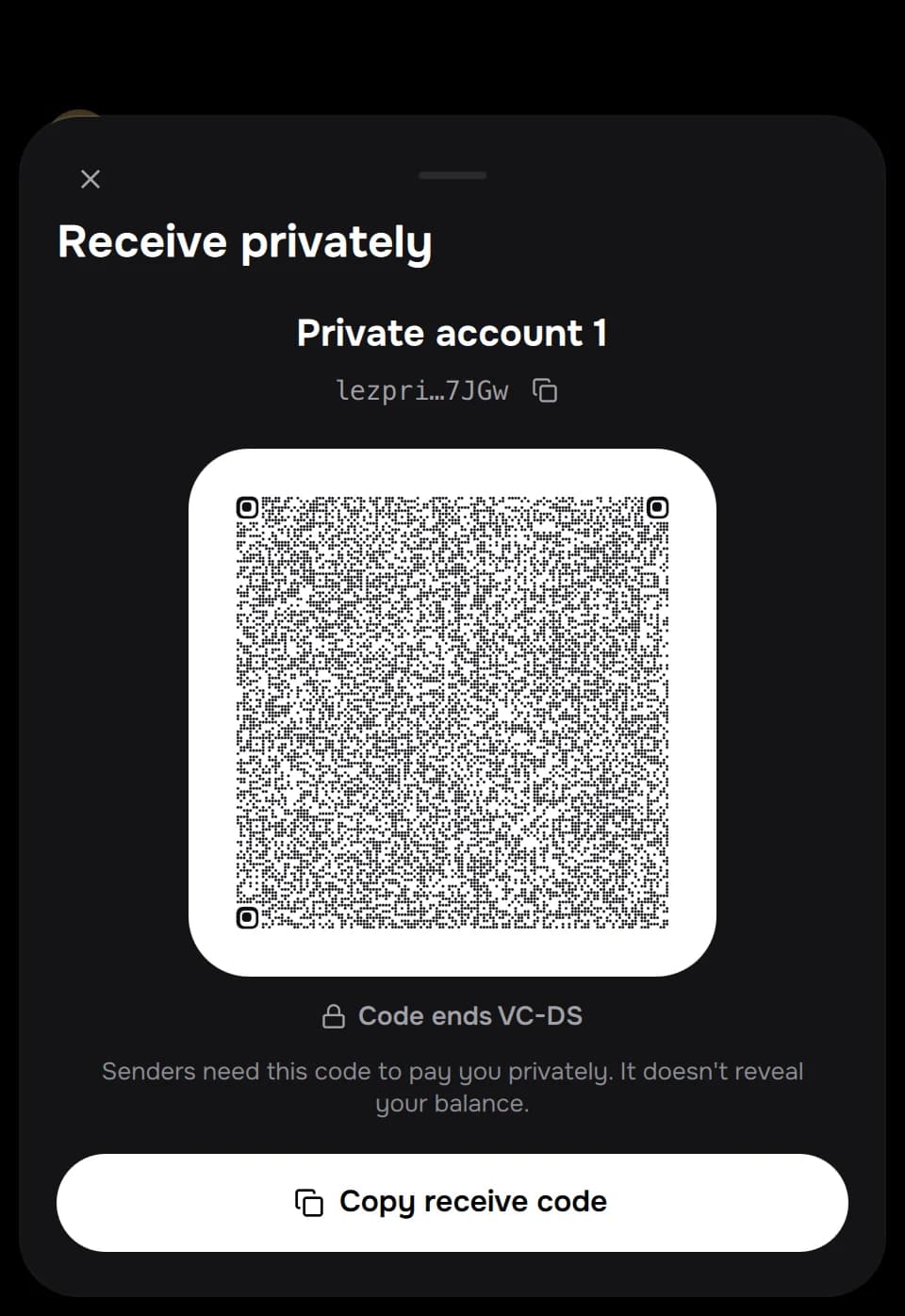 Receive privately: the account's receive code as a QR