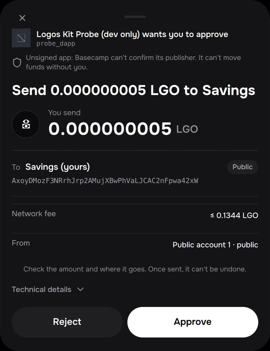 An app's request in the wallet: Send 0.000000005 LGO to Savings, with the network fee, the account it comes from and Reject / Approve