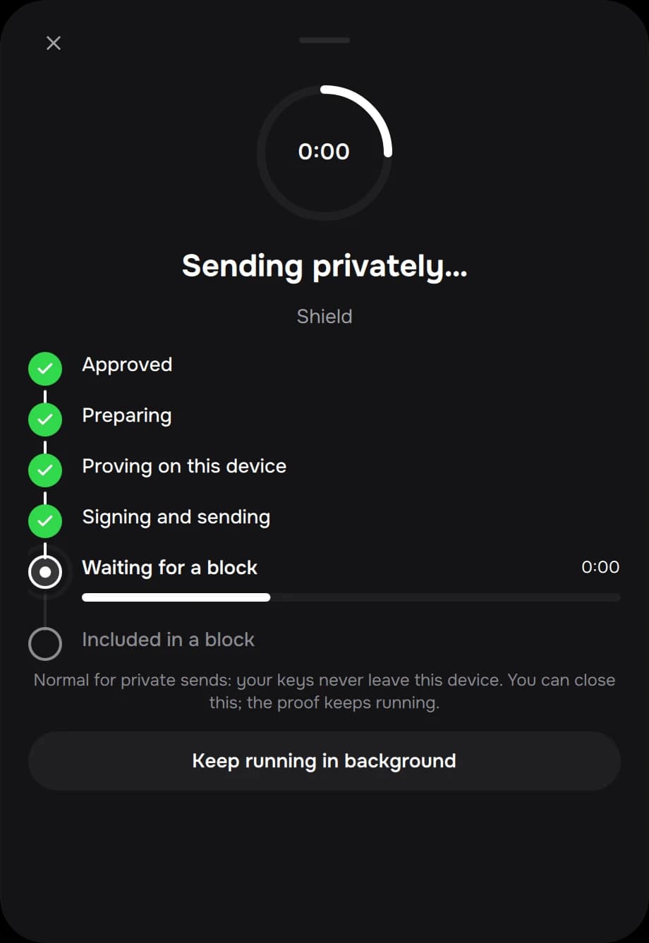 Sending privately: a ring with the elapsed time and the steps Approved, Preparing, Proving on this device, Signing, Waiting for a block