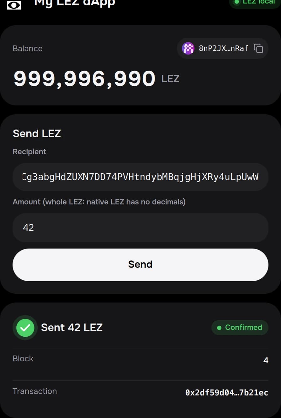 The dApp template showing a transaction receipt