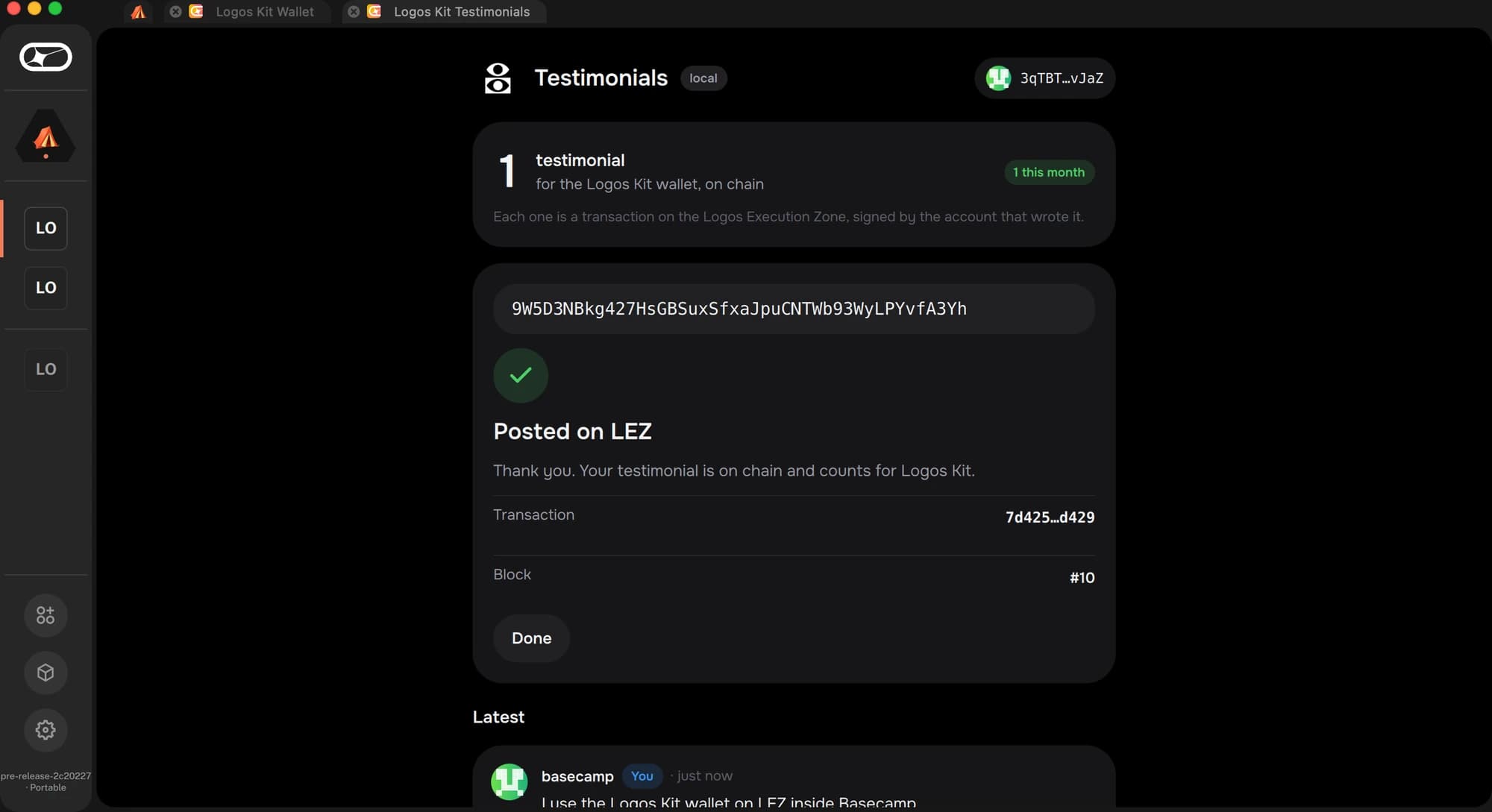 The testimonial app in Basecamp after a post landed
