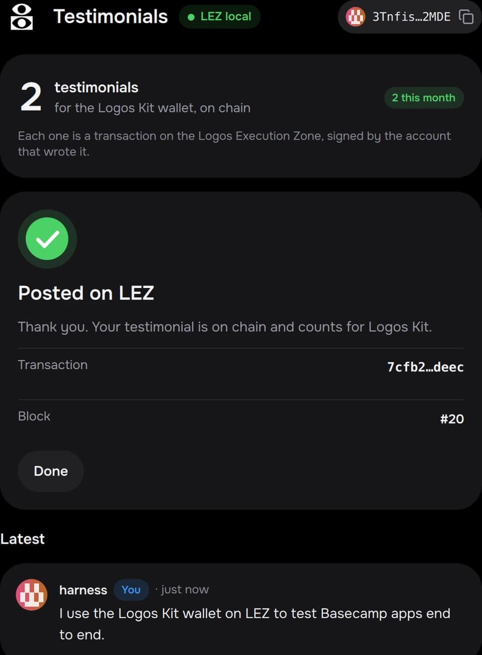 A testimonial post included and confirmed from its on-chain record