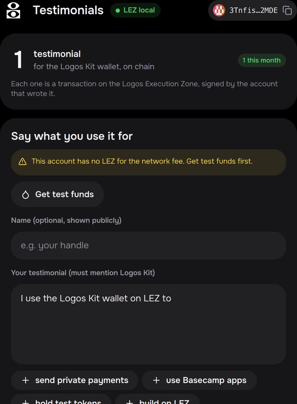 A fresh account with no funds, offered test funds in-flow