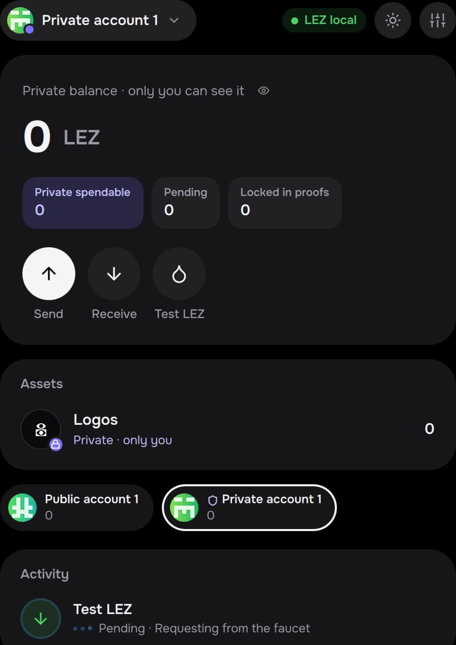 Wallet home showing a private balance only the owner can see