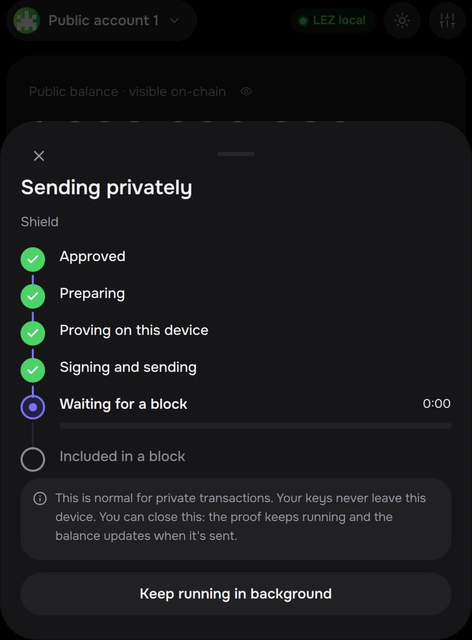 A private send proving on the device, with its steps