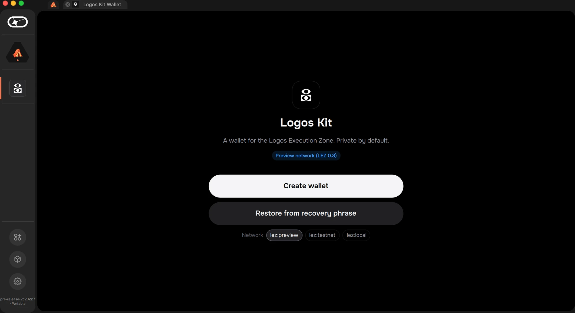 Logos Kit Wallet opening in Basecamp after a catalog install, on the preview network