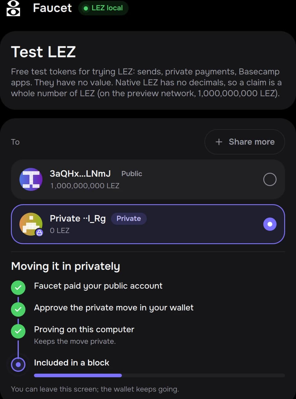 Moving test funds into a private account: proving